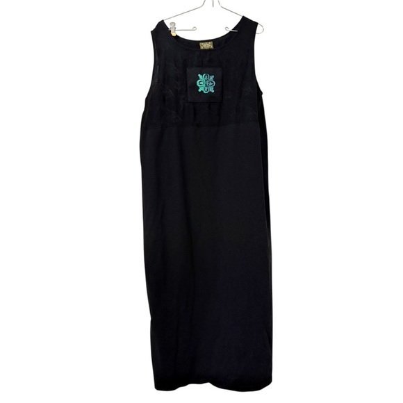 Vintage Blue Cactus Maxi Dress in Black 1X Sleeveless Boho Artwear Double Slit - Picture 1 of 16